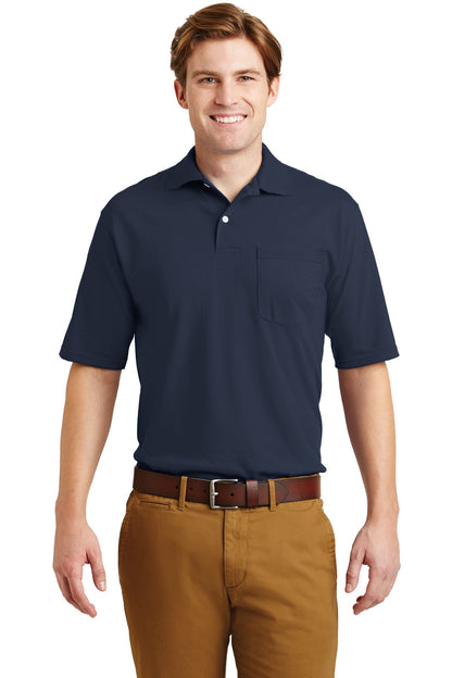 Front View of Navy Jerzees Dri-Power Pocket Sport Shirt. 436MP plain