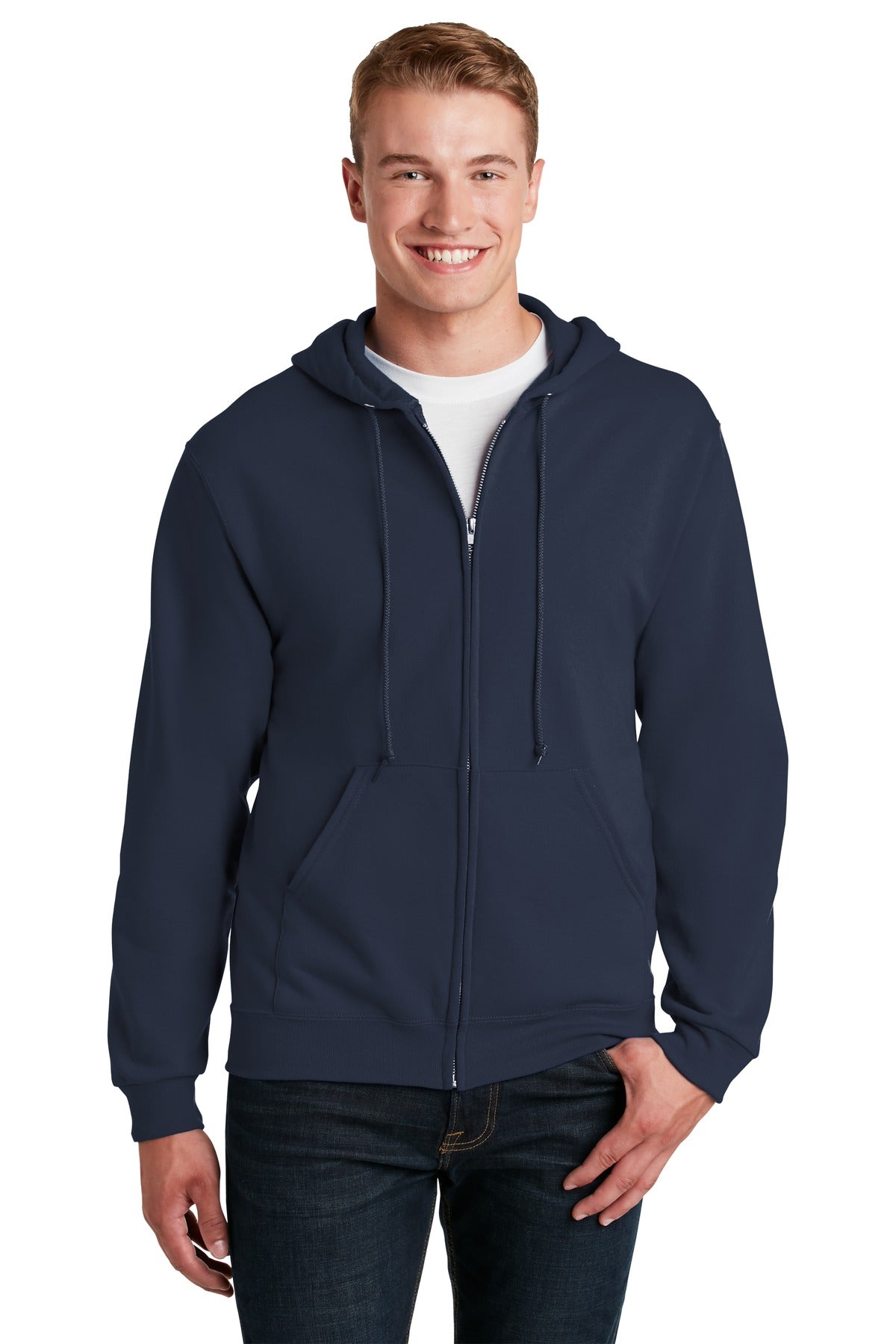 Front View of Navy Jerzees - NuBlend Full-Zip Hooded Sweatshirt. 993M plain