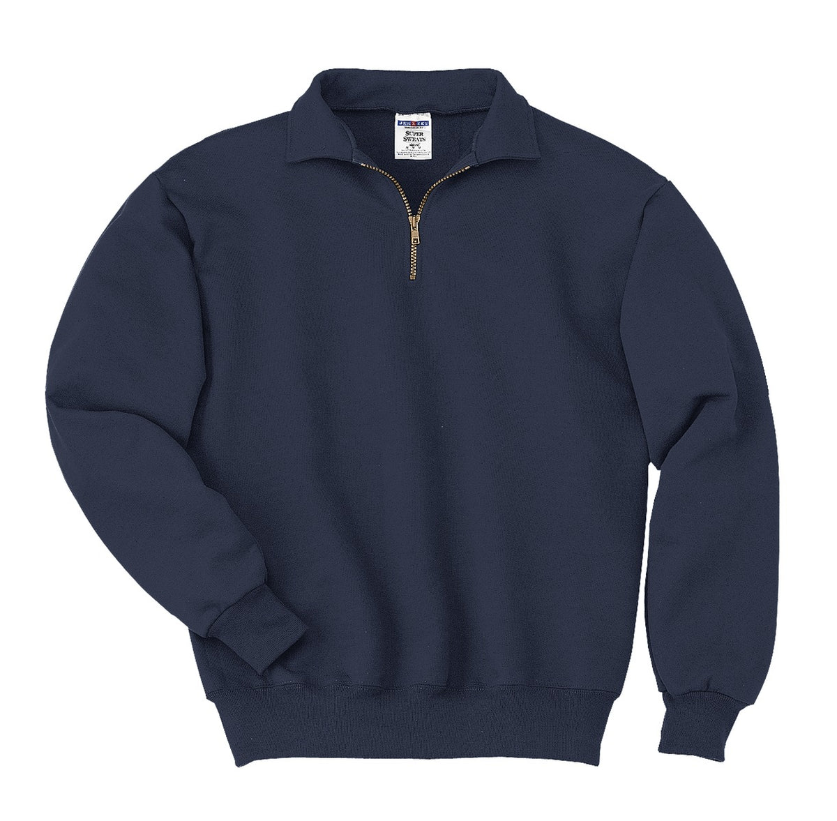 Front View of Navy Jerzees Super Sweats NuBlend - 1/4-Zip Sweatshirt with Cadet Collar. 4528M plain
