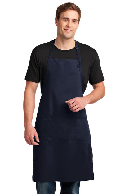 Front View of Navy Port Authority Easy Care Extra Long Bib Apron with Stain Release. A700 plain