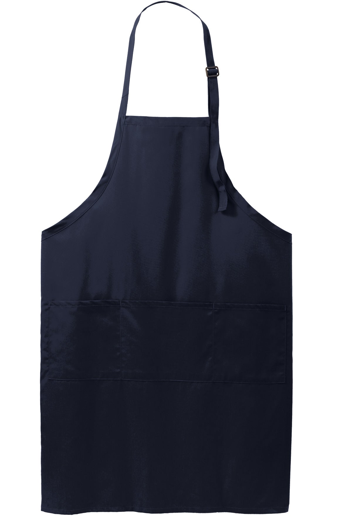 Front View of Navy Port Authority Easy Care Extra Long Bib Apron with Stain Release. A700 plain