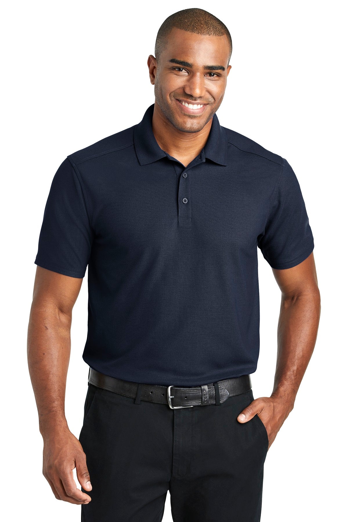 Front View of Navy Port Authority EZPerformance Pique Polo. K600 plain