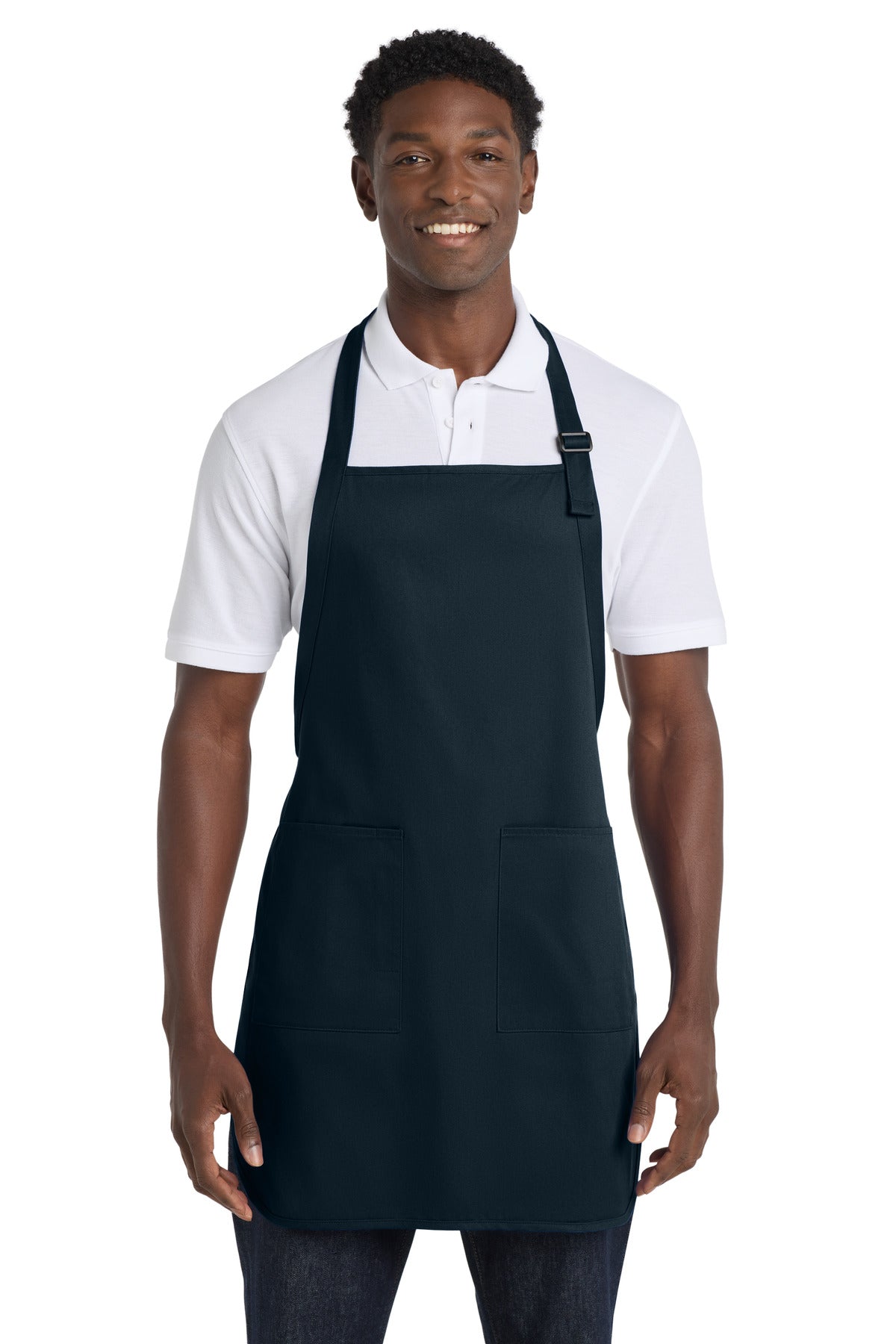 Front View of Navy Port Authority Full-Length Apron with Pockets. A500 plain