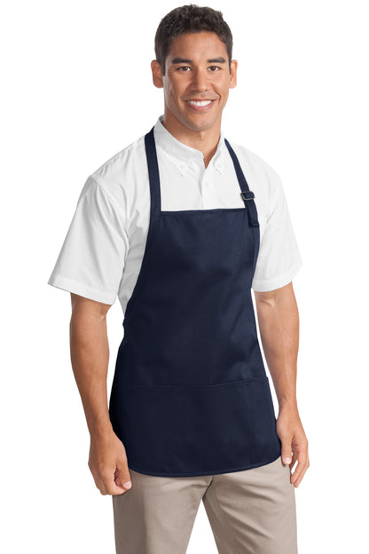 Front View of Navy Port Authority Medium-Length Apron with Pouch Pockets. A510 plain