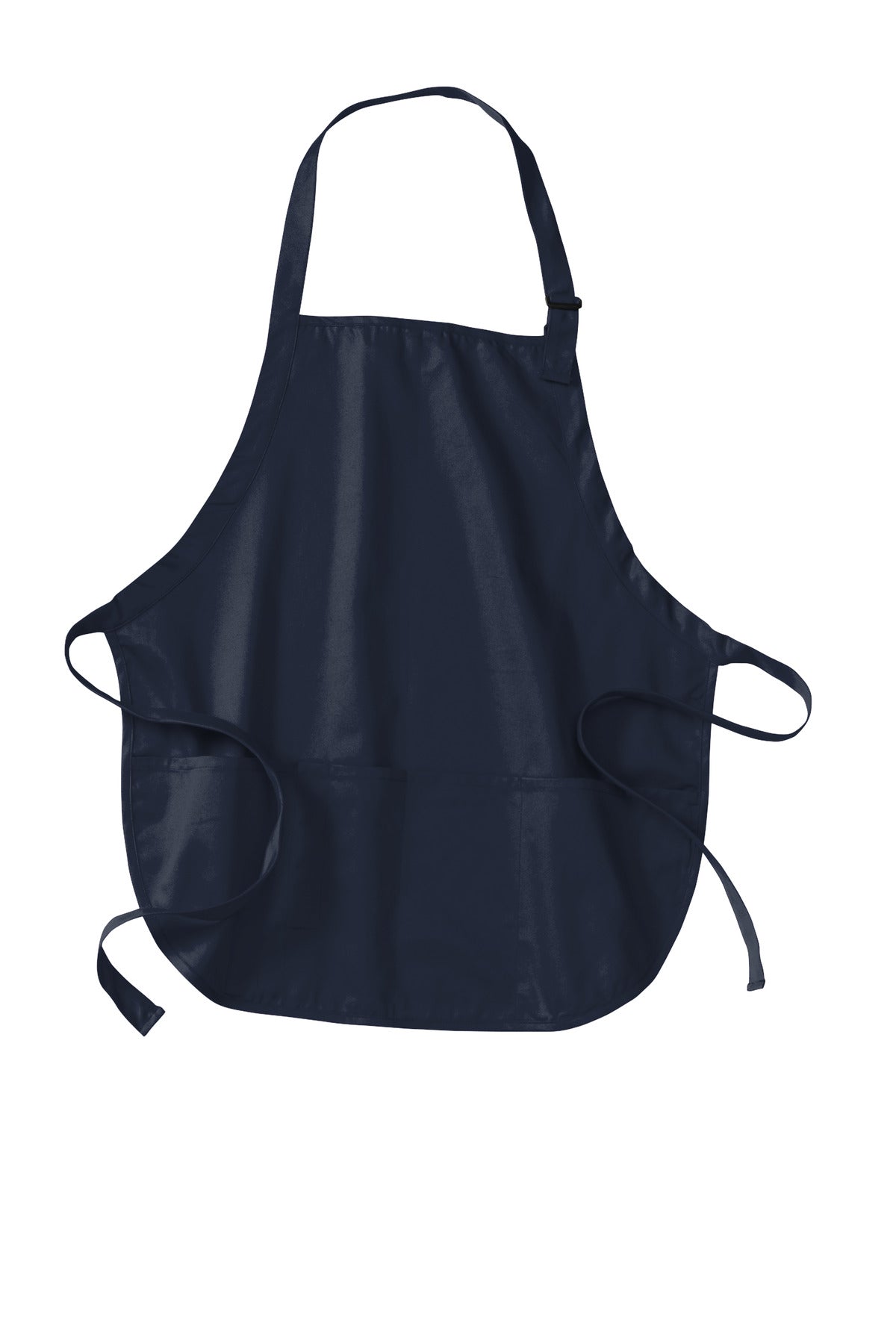 Front View of Navy Port Authority Medium-Length Apron with Pouch Pockets. A510 plain