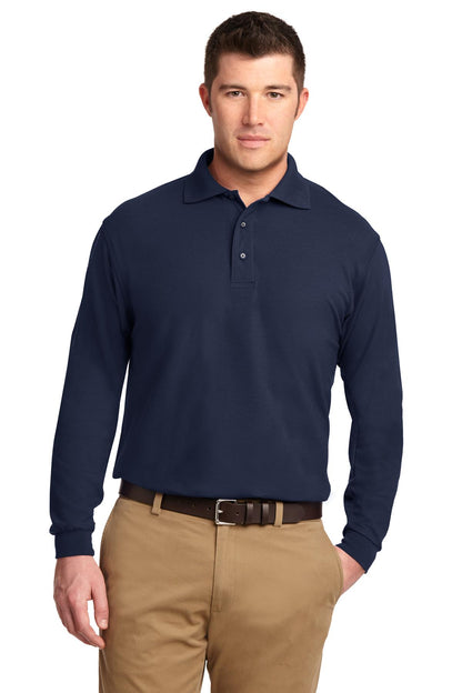 Front View of Navy Port Authority Silk Touch Long Sleeve Polo. K500LS plain