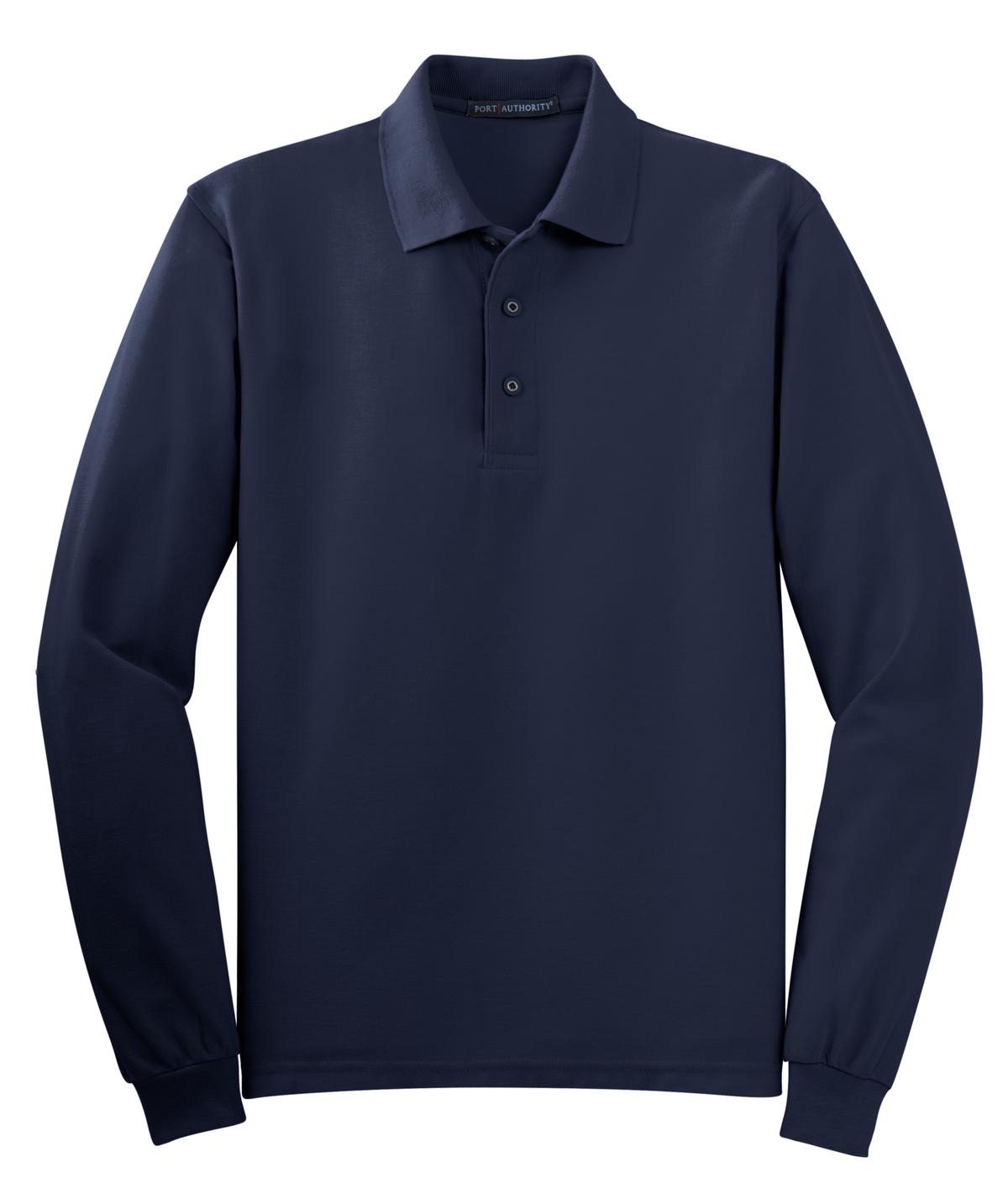 Front View of Navy Port Authority Silk Touch Long Sleeve Polo. K500LS plain