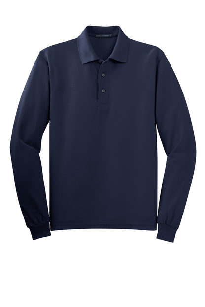 Front View of Navy Port Authority Silk Touch Long Sleeve Polo. K500LS