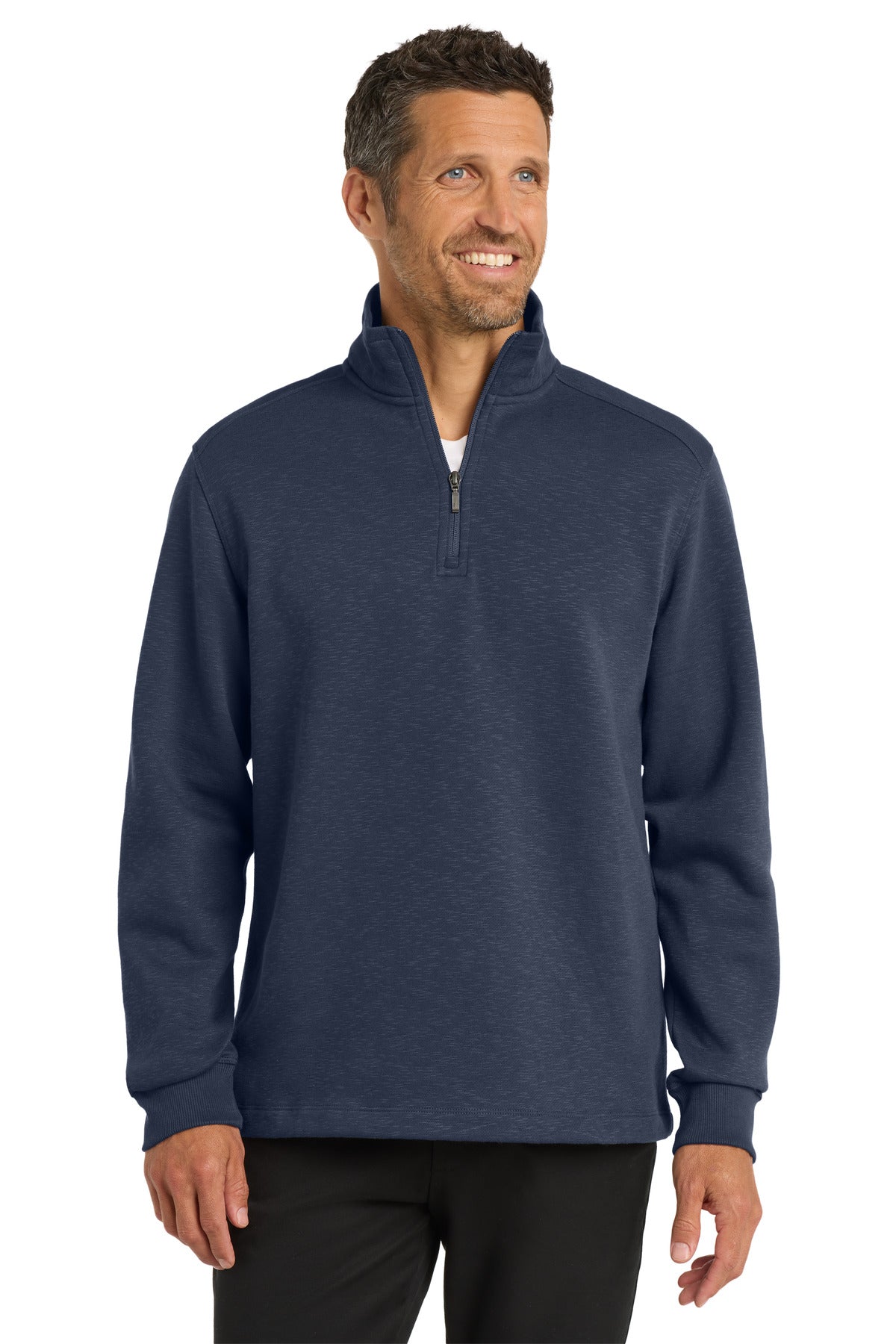 Front View of Navy Port Authority Slub Fleece 1/4-Zip Pullover. F295 plain