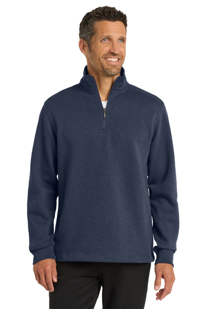 Front View of Navy Port Authority Slub Fleece 1/4-Zip Pullover. F295 plain