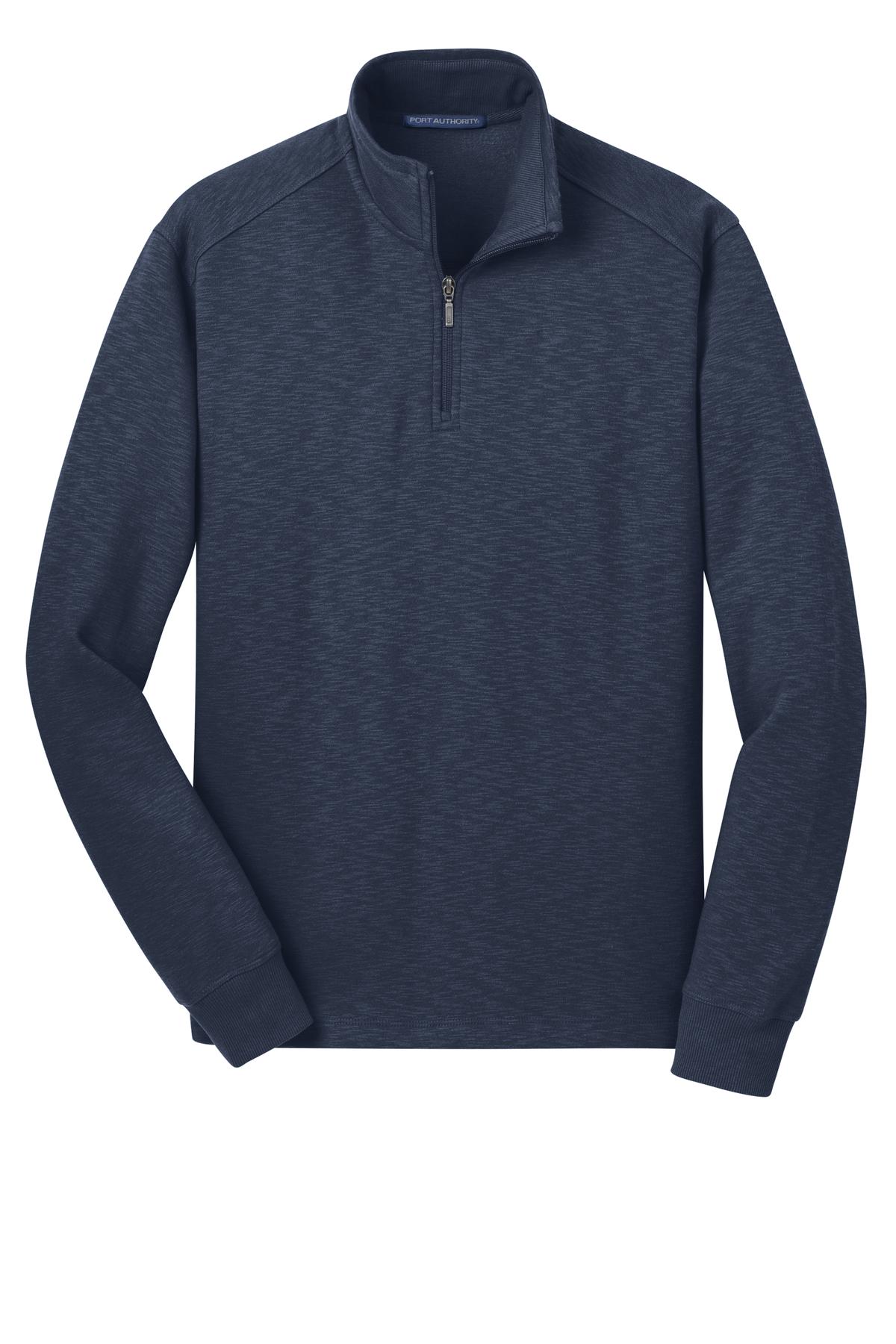 Front View of Navy Port Authority Slub Fleece 1/4-Zip Pullover. F295 plain