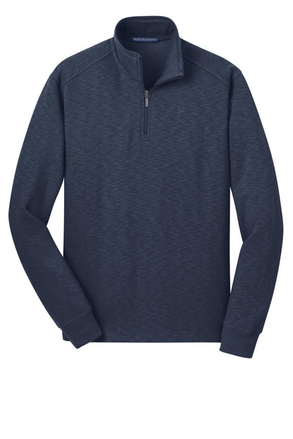 Front View of Navy Port Authority Slub Fleece 1/4-Zip Pullover. F295 plain