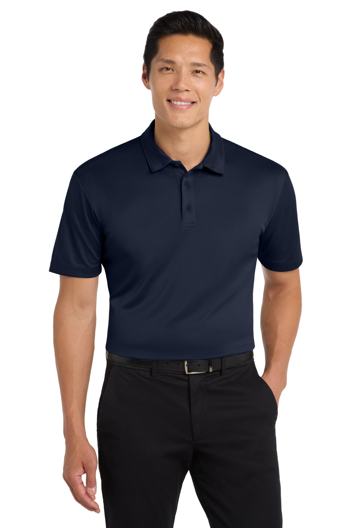 Front View of Navy Port Authority Tall Silk Touch Performance Polo. TLK540 plain