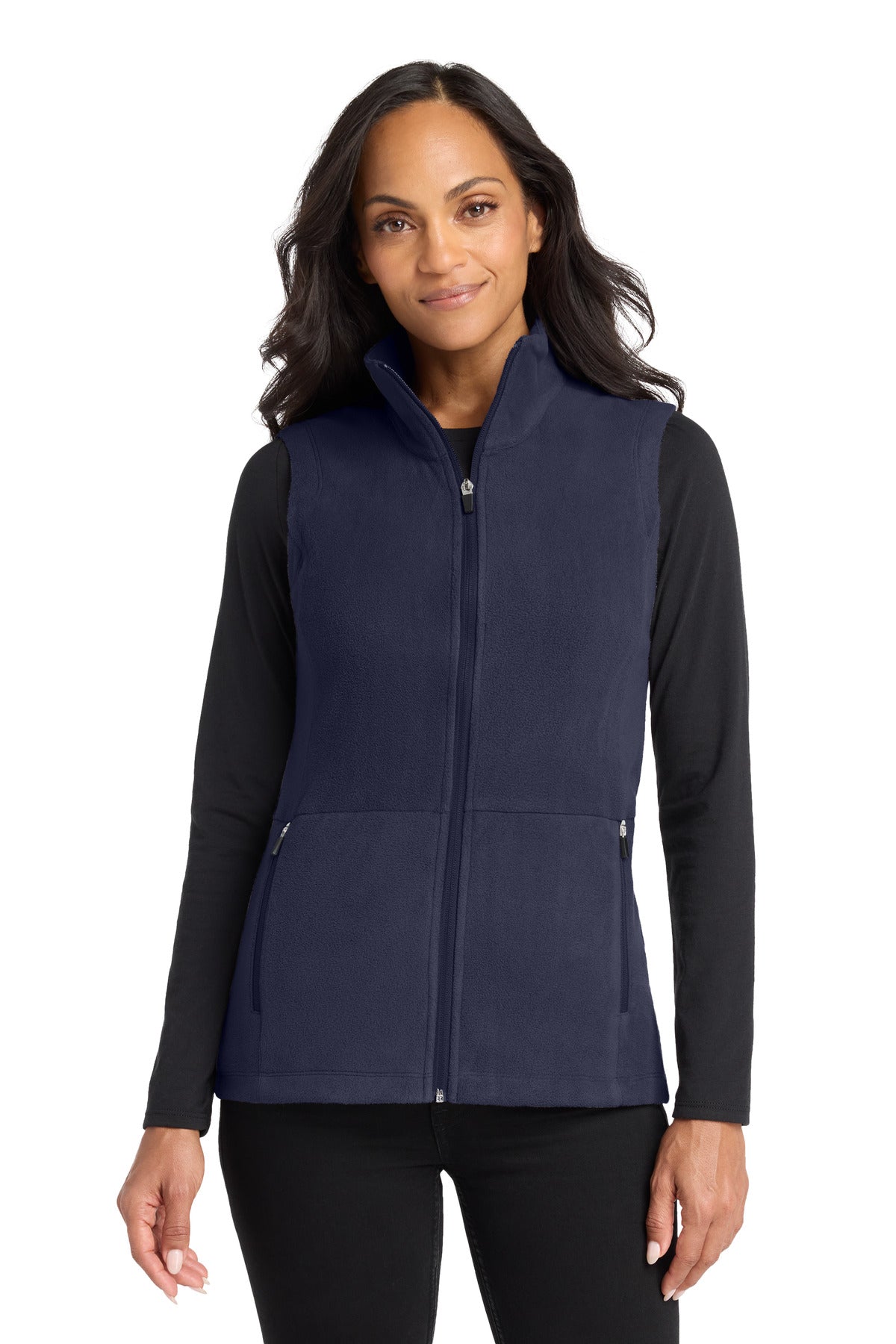 Front View of Navy Port Authority Women's Accord Microfleece Vest L152 plain