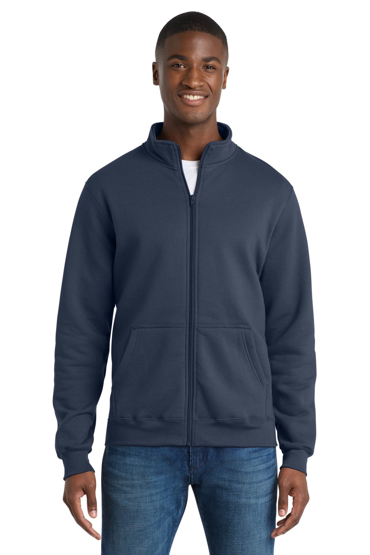 Front View of Navy Port & Co Core Fleece Cadet Full-Zip Sweatshirt PC78FZ plain