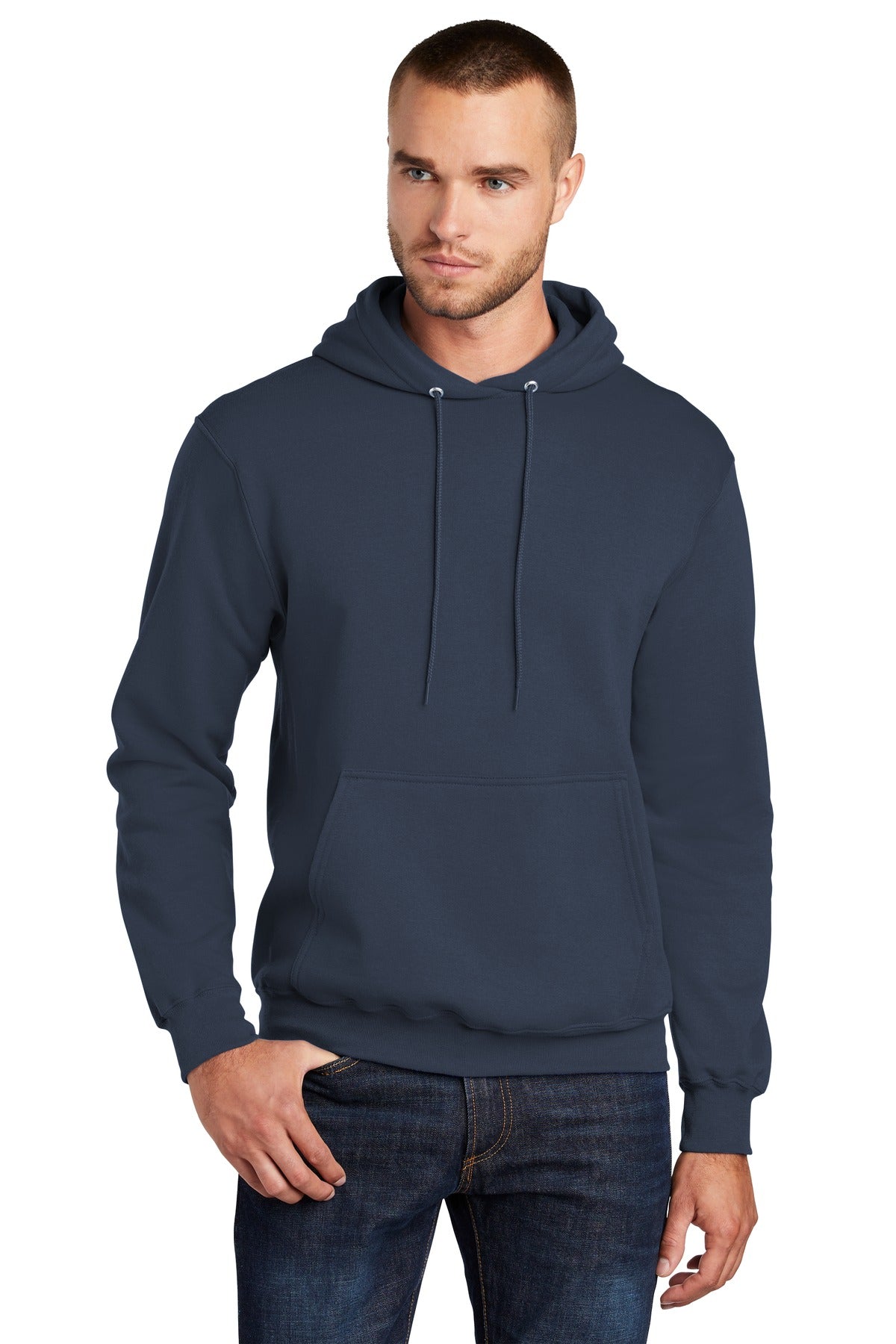 Front View of Navy Port & Co Core Fleece Pullover Hooded Sweatshirt. PC78H plain