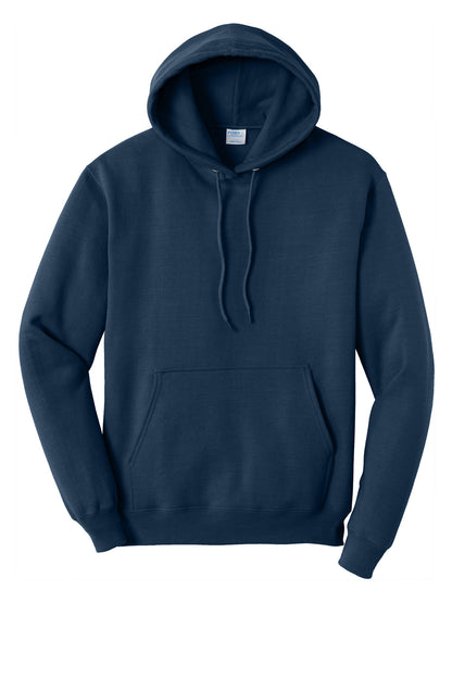 Front View of Navy Port & Co Core Fleece Pullover Hooded Sweatshirt. PC78H