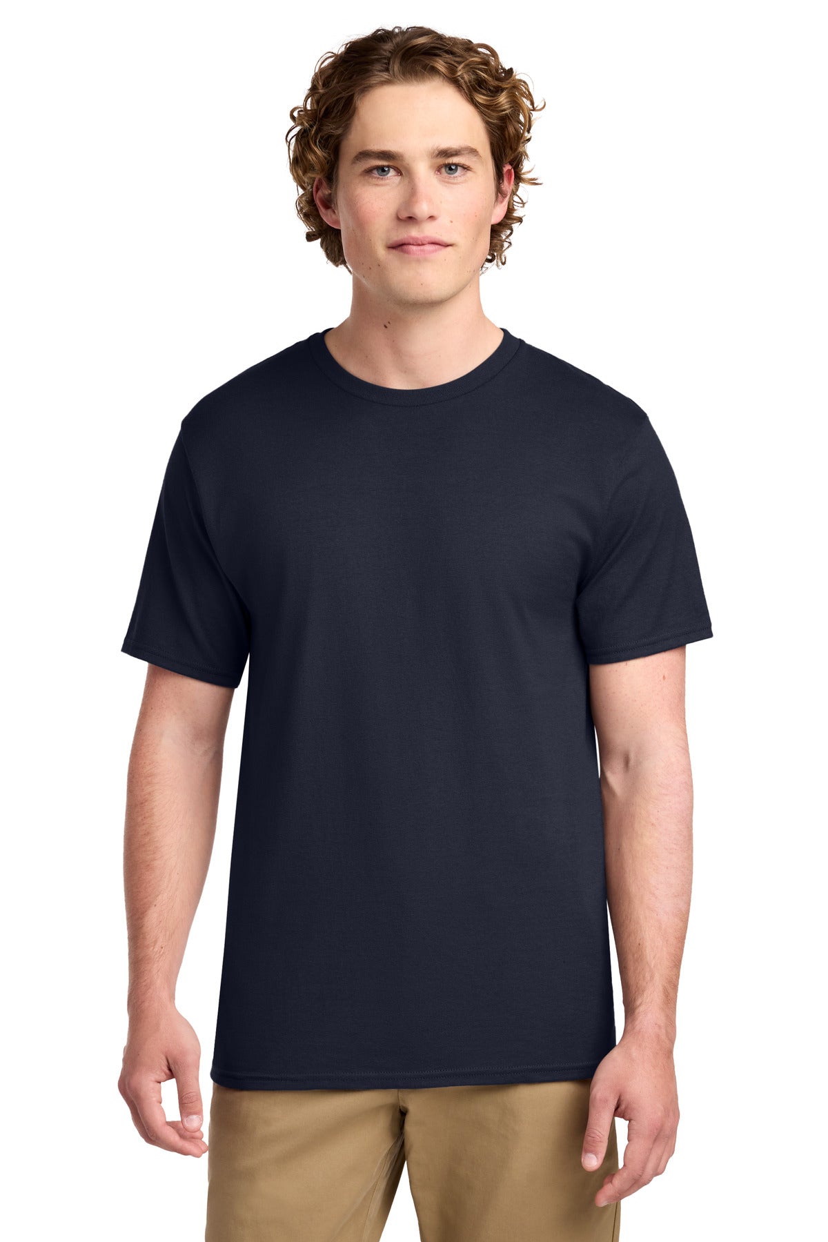 Front View of Navy Port & Co Ring Spun Cotton Tee. PC150 plain