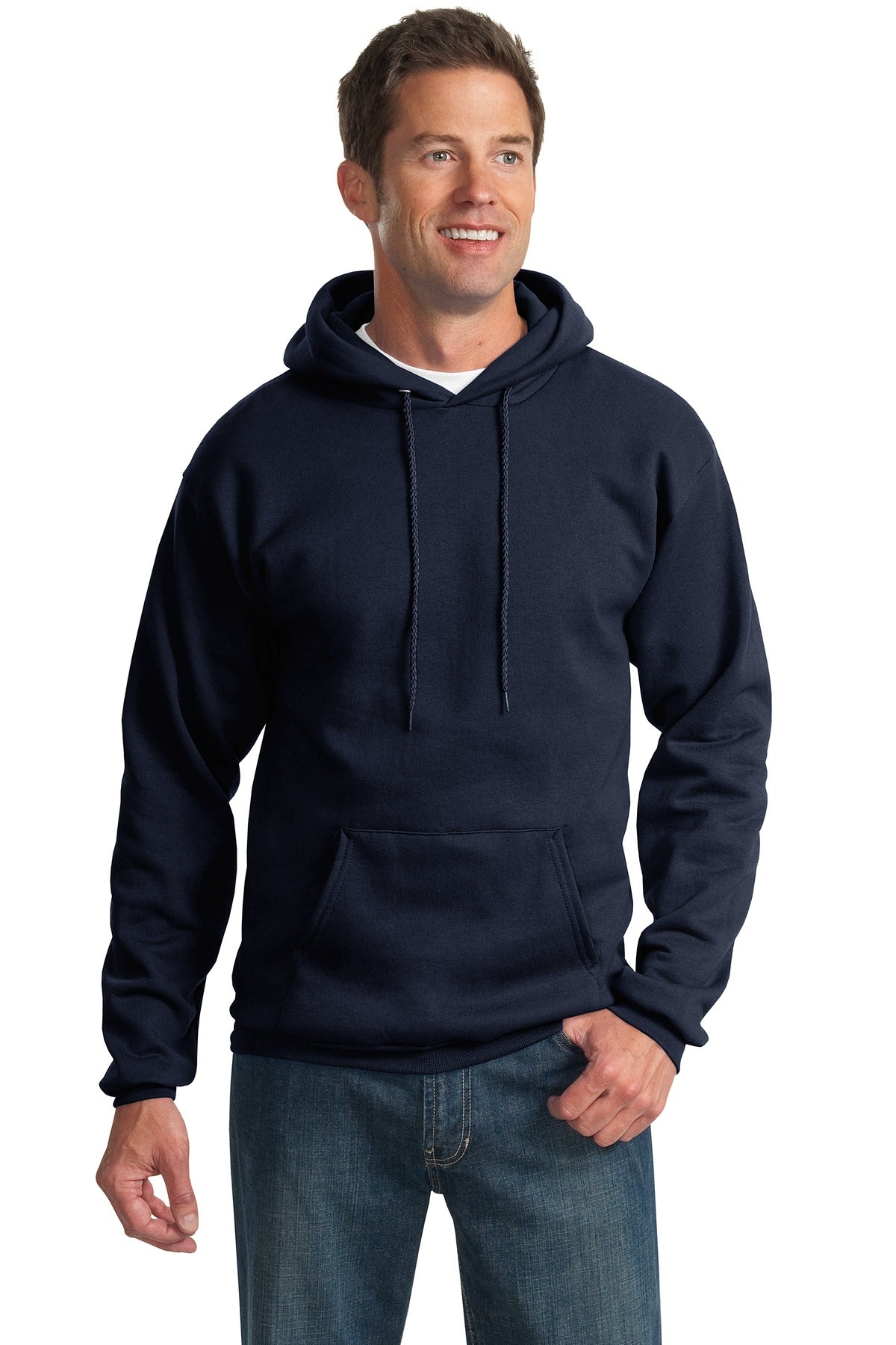 Front View of Navy Port & Co Tall Essential Fleece Pullover Hooded Sweatshirt. PC90HT plain