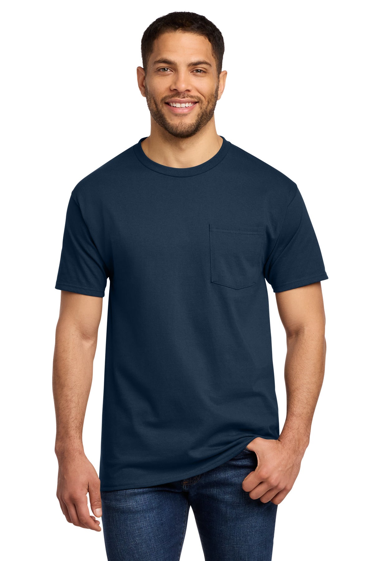 Front View of Navy Port & Co Tall Essential Pocket Tee. PC61PT plain