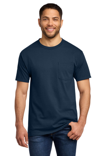 Front View of Navy Port & Co Tall Essential Pocket Tee. PC61PT plain