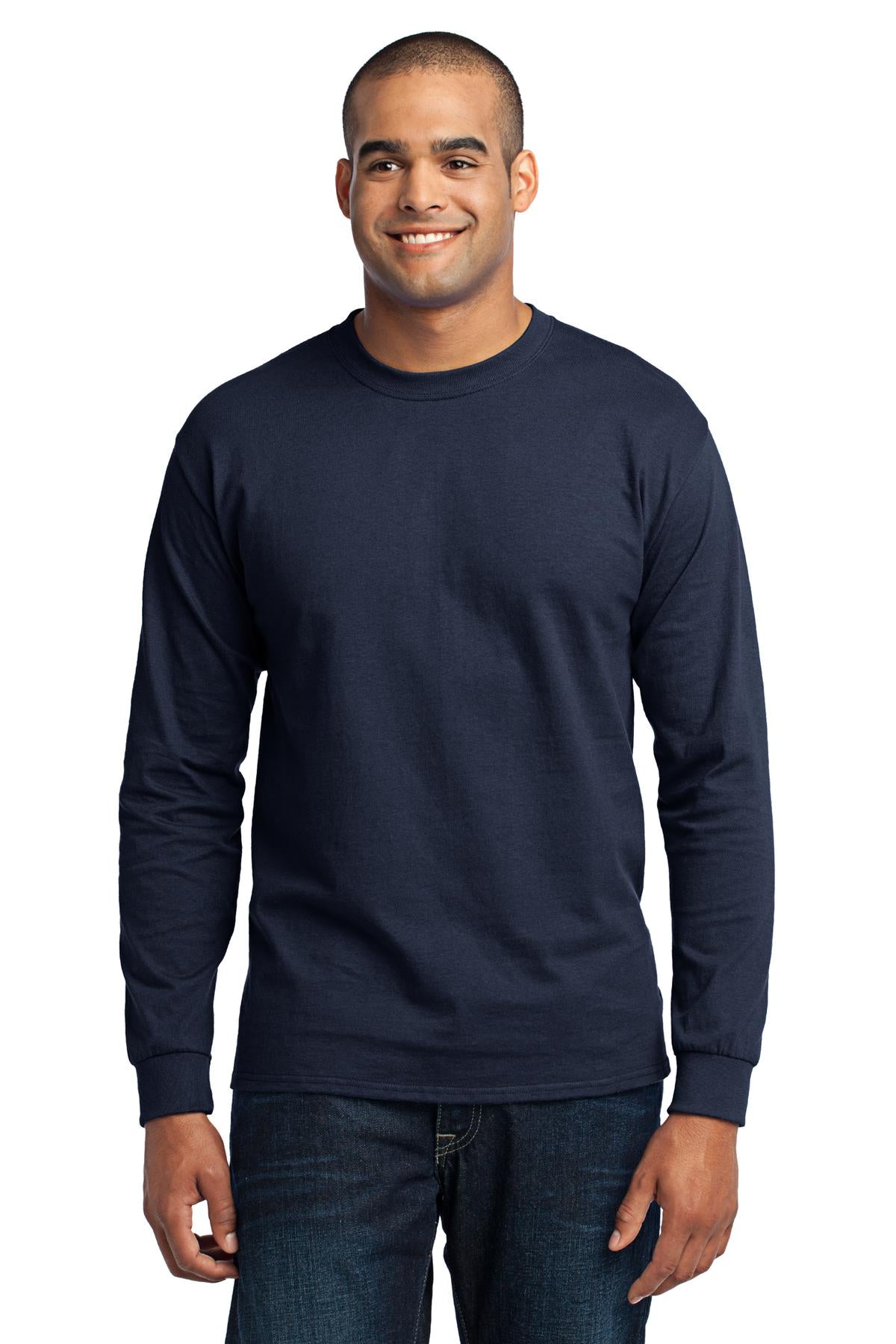 Front View of Navy Port & Co Tall Long Sleeve Core Blend Tee. PC55LST plain