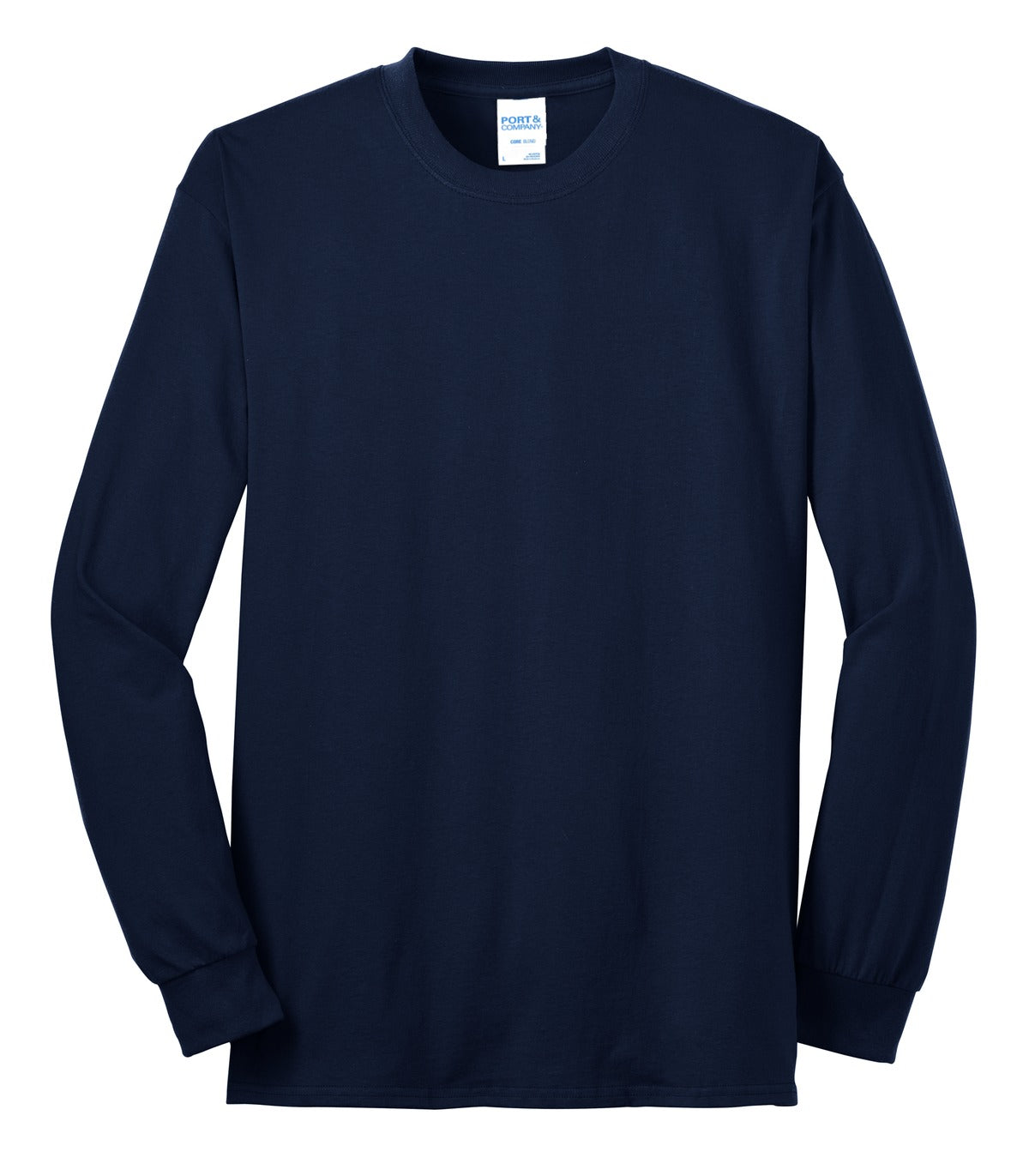 Front View of Navy Port & Co Tall Long Sleeve Core Blend Tee. PC55LST plain