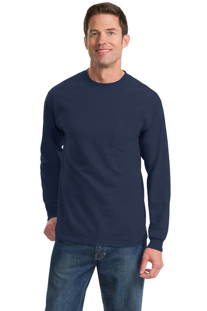 Front View of Navy Port & Co Tall Long Sleeve Essential Pocket Tee. PC61LSPT plain