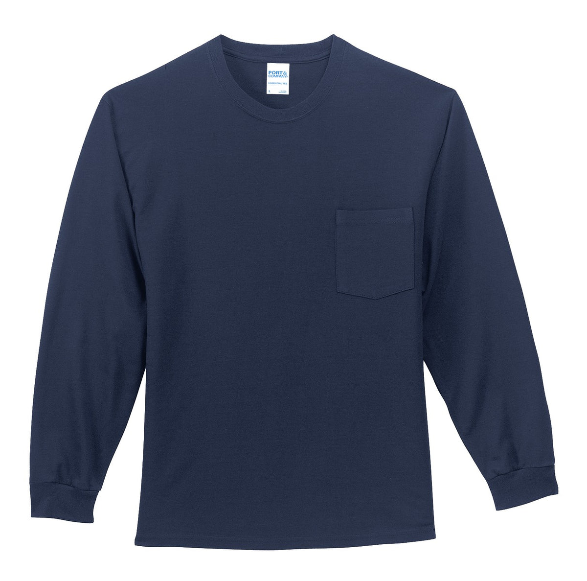 Front View of Navy Port & Co Tall Long Sleeve Essential Pocket Tee. PC61LSPT plain