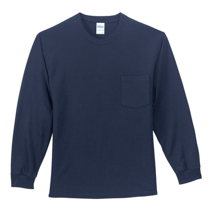 Front View of Navy Port & Co Tall Long Sleeve Essential Pocket Tee. PC61LSPT plain