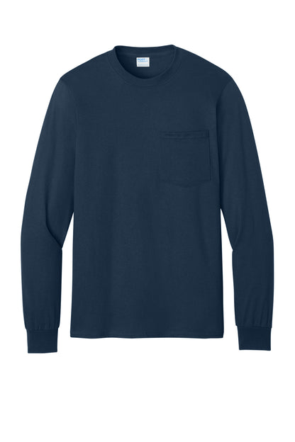 Front View of Navy Port & Co Tall Long Sleeve Essential Pocket Tee. PC61LSPT