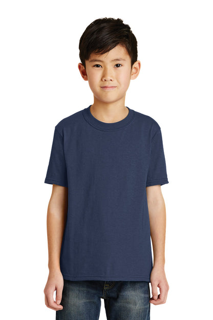 Front View of Navy Port & Co Youth Core Blend Tee. PC55Y plain