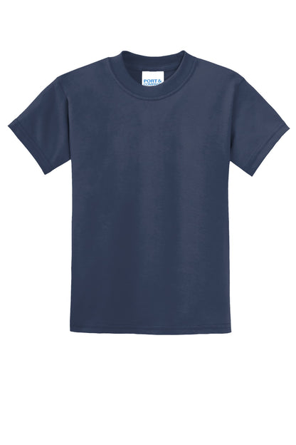 Front View of Navy Port & Co Youth Core Blend Tee. PC55Y plain