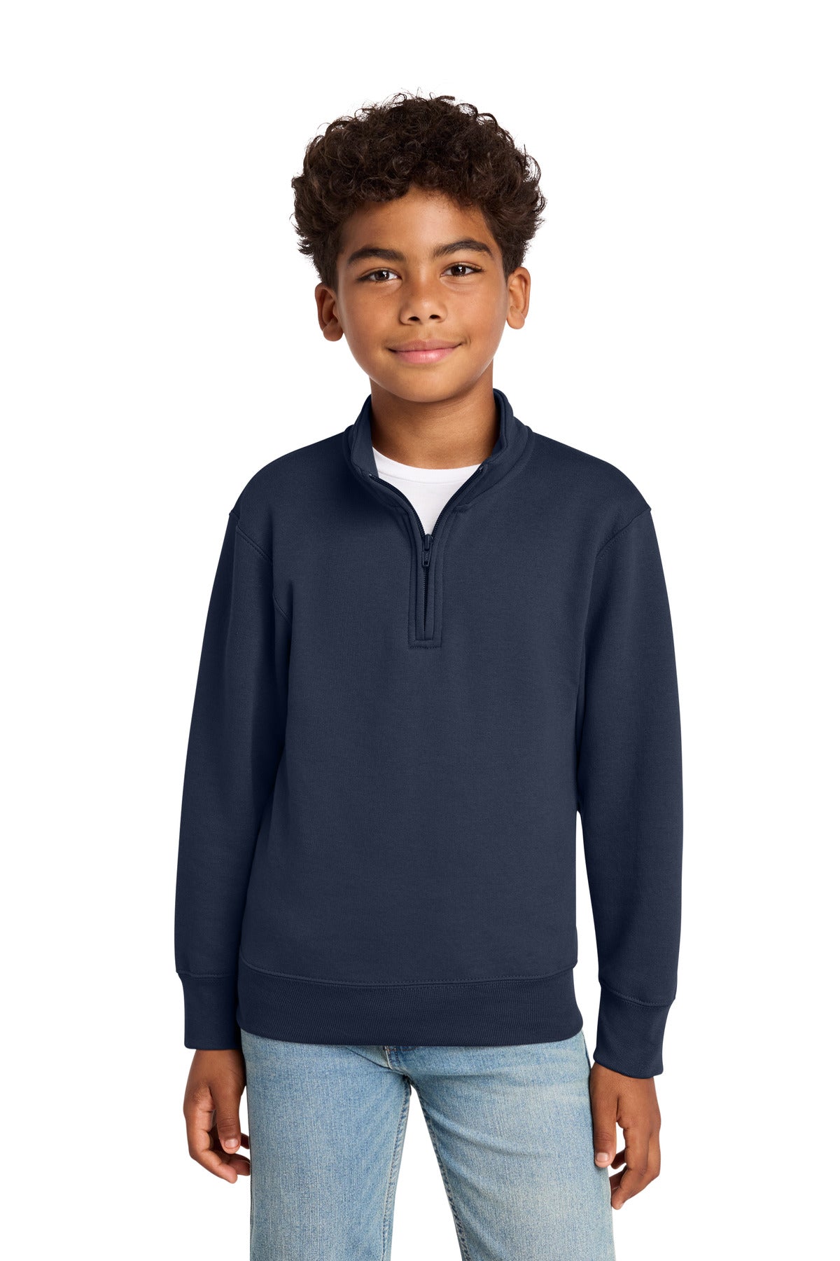 Front View of Navy Port & Co Youth Core Fleece 1/4-Zip Pullover Sweatshirt PC78YQ plain