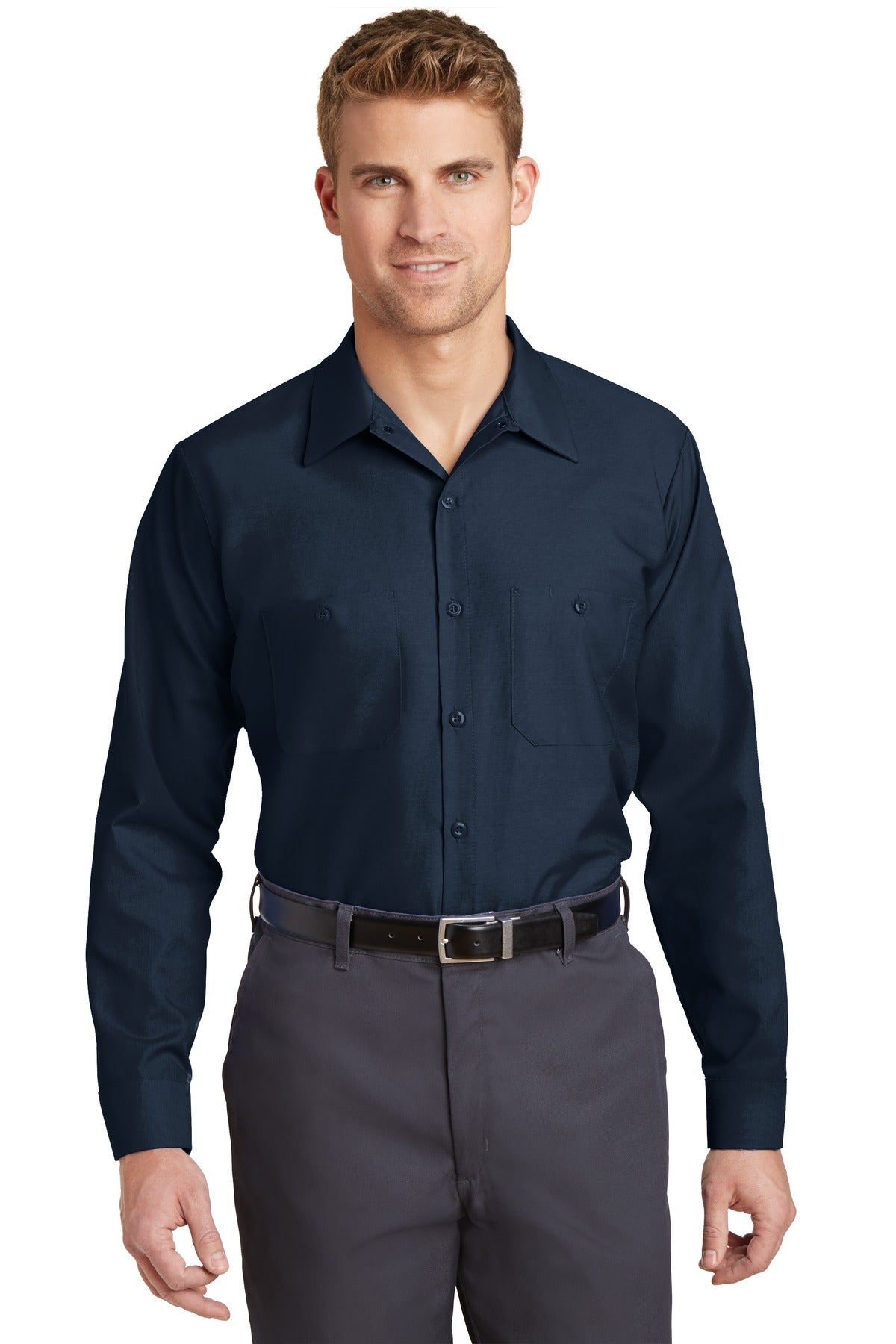 Front View of Navy Red Kap Long Sleeve Industrial Work Shirt. SP14 plain