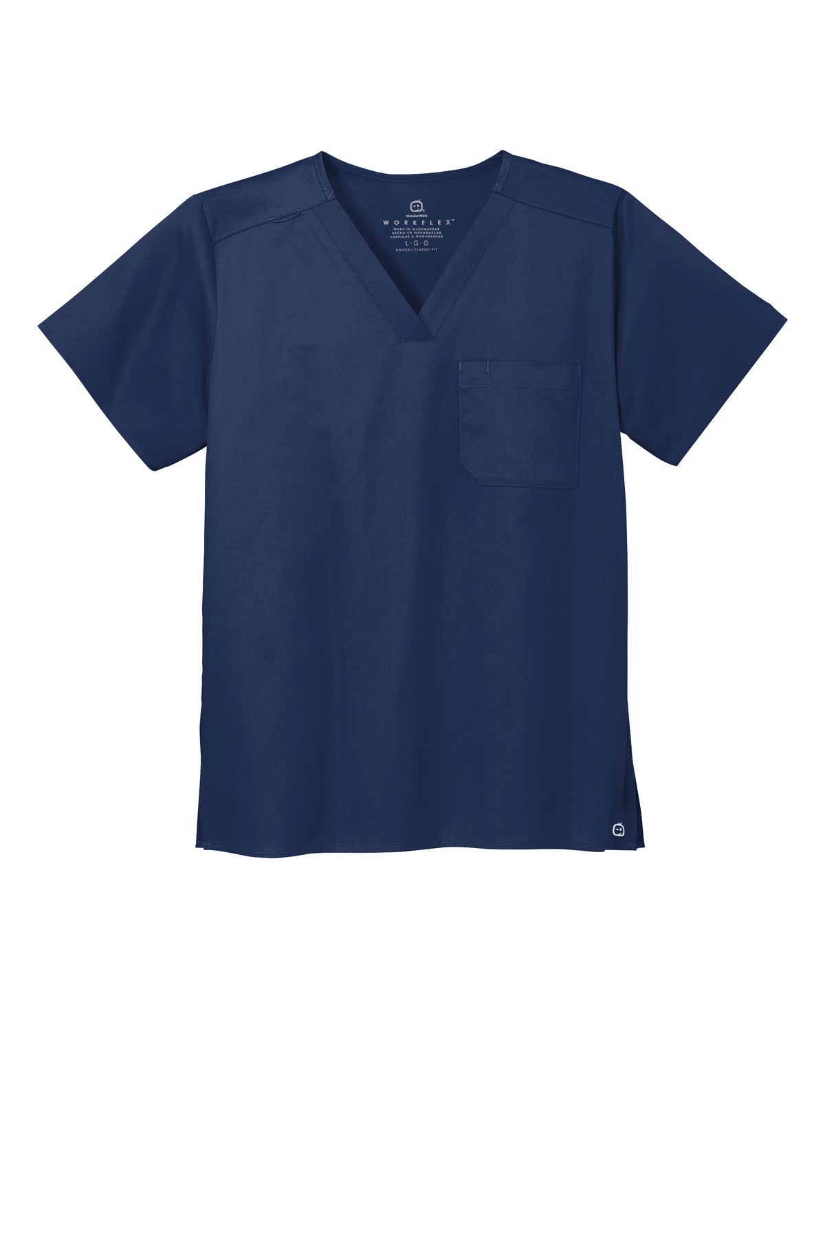 Front View of Navy Wink Unisex WorkFlex Chest Pocket V-Neck Top WW3160 plain