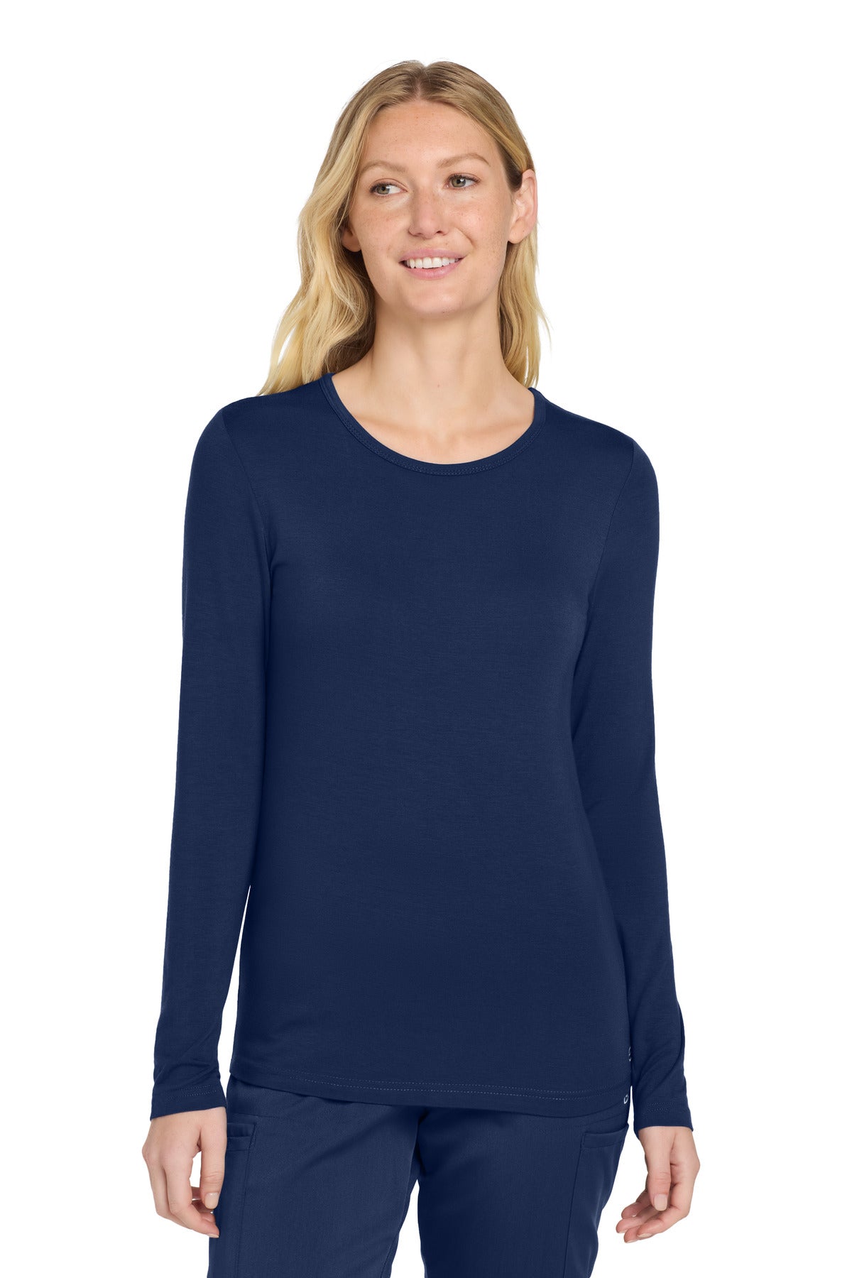 Front View of Navy Wink Women's Long Sleeve Layer Tee WW4029 plain