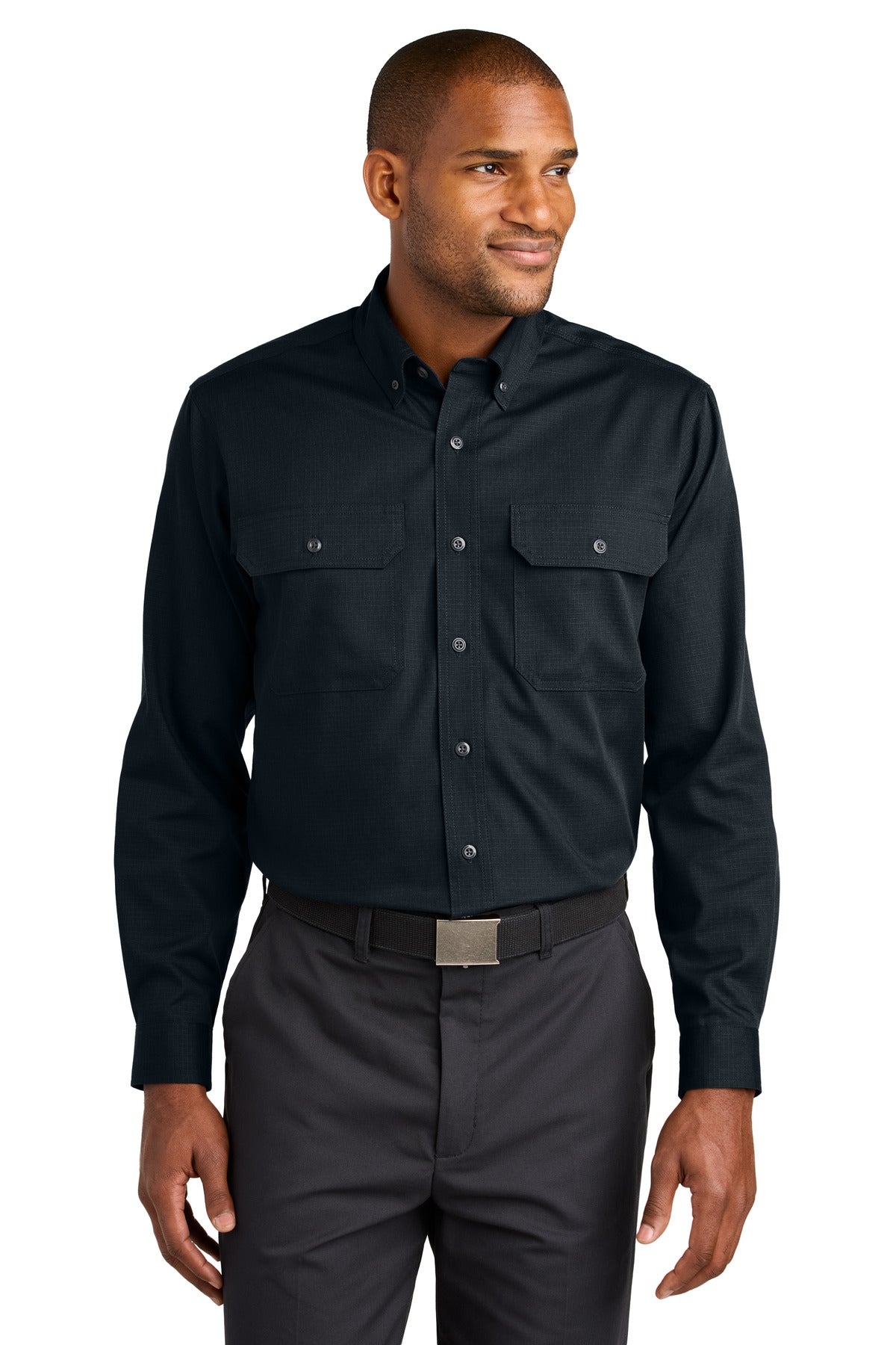 Front View of NavyBlue CornerStone Long Sleeve Select Ripstop Shirt CSW174 plain