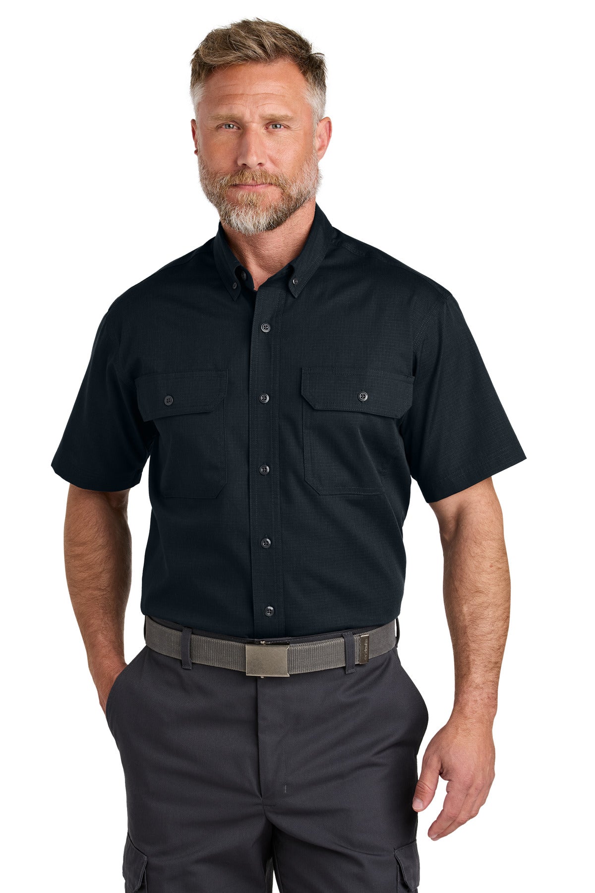 Front View of NavyBlue CornerStone Short Sleeve Select Ripstop Shirt CSW175 plain