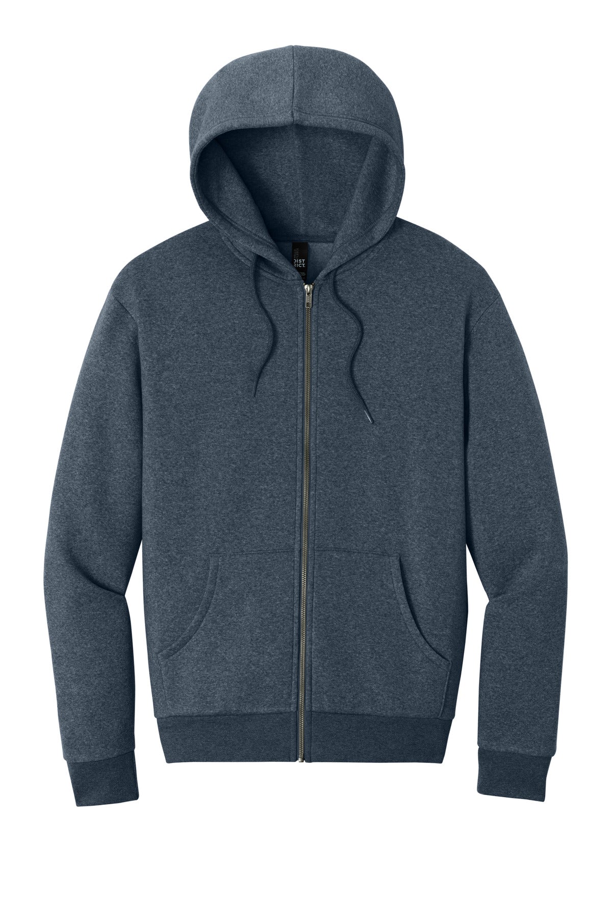 Front View of NavyHthr District MelloFleece Full-Zip Hoodie DT6702 plain