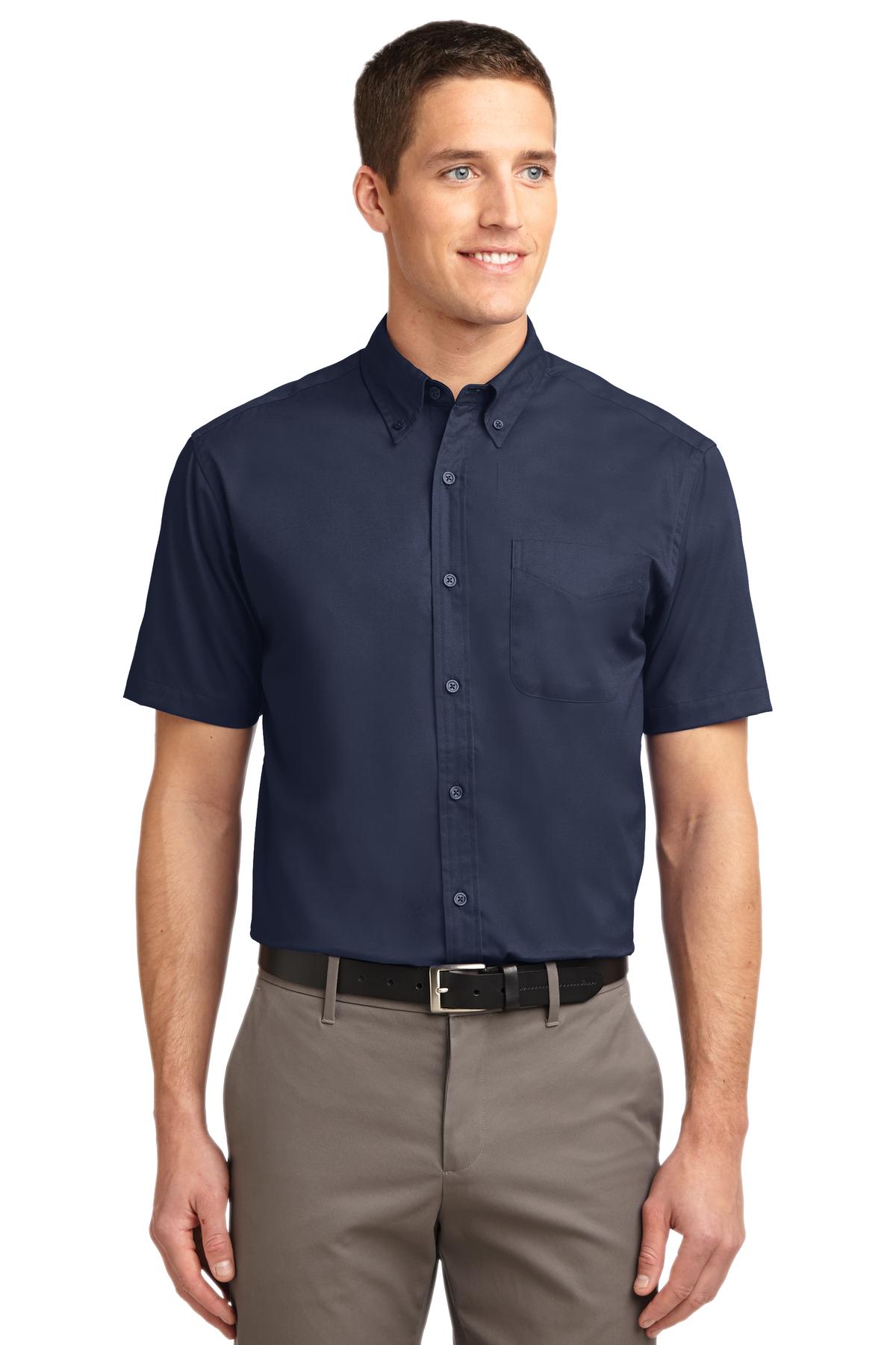 Front View of Navy/Lt Stone Port Authority Short Sleeve Easy Care Shirt. S508 plain