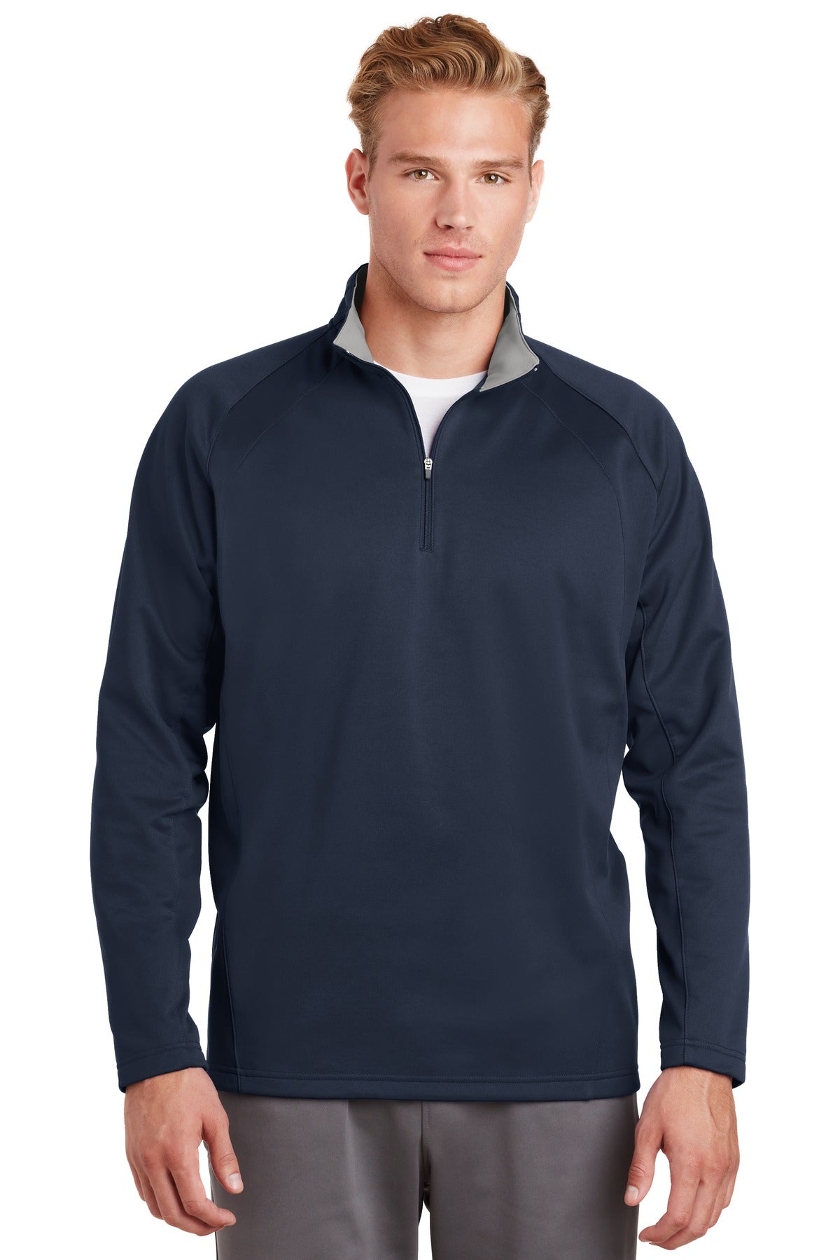 Front View of Navy/Silver Sport-Tek Sport-Wick Fleece 1/4-Zip Pullover. F243 plain