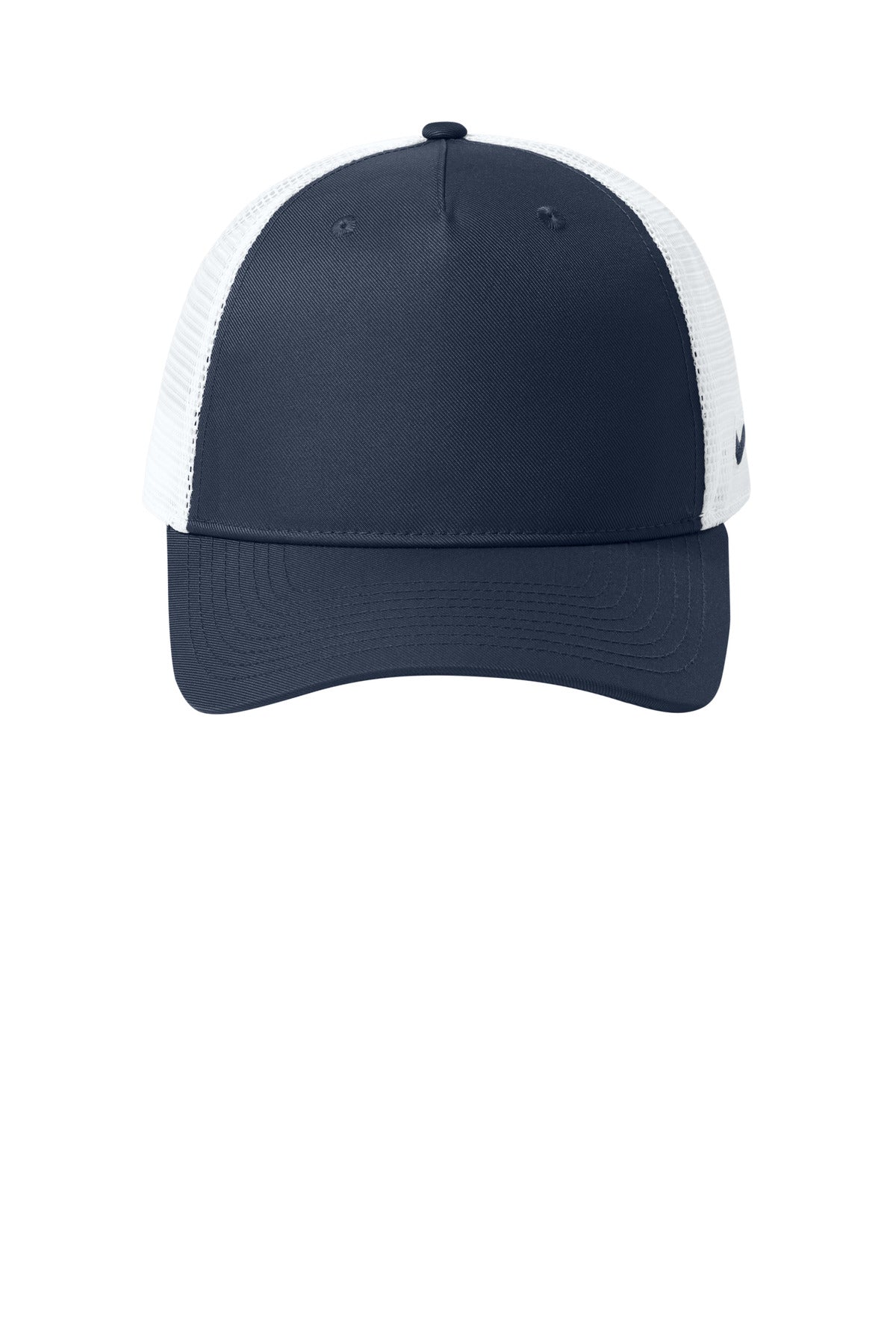 Front View of Navy/White Nike Snapback Mesh Trucker Cap NKFN9893