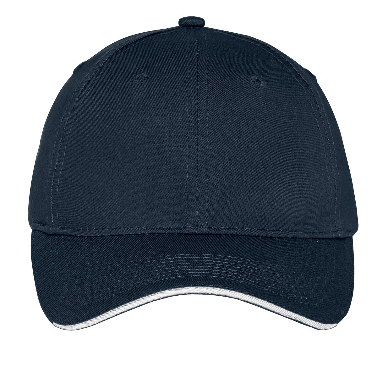Front View of Navy/White Port Authority Unstructured Sandwich Bill Cap. C919 plain