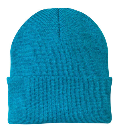 Front View of Neon Blue Port Authority Knit Cap. CP90 plain