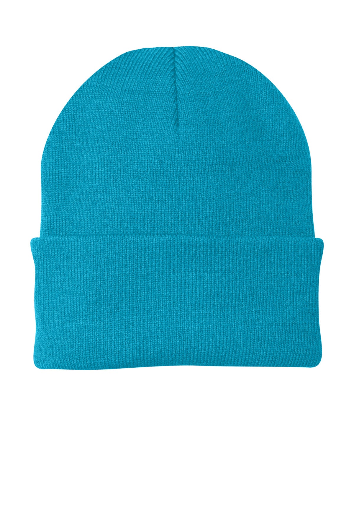 Front View of Neon Blue Port Authority Knit Cap. CP90 plain