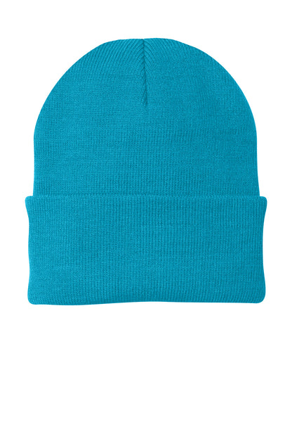 Front View of Neon Blue Port Authority Knit Cap. CP90 plain