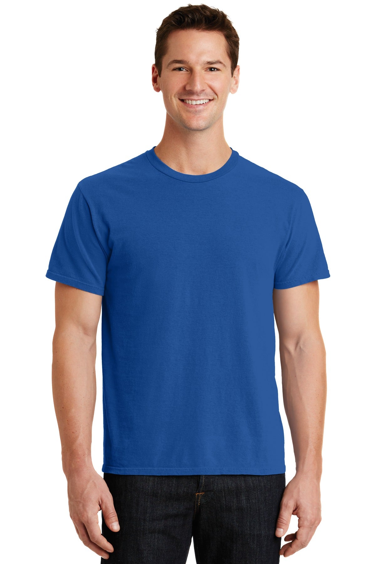 Front View of Neon Blue Port & Co Beach Wash Garment-Dyed Tee. PC099 plain