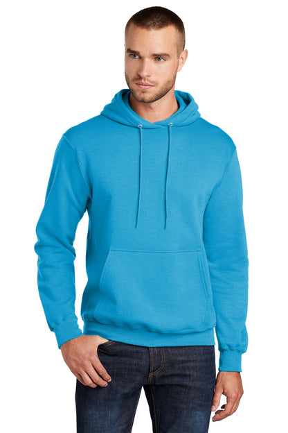 Front View of Neon Blue Port & Co Core Fleece Pullover Hooded Sweatshirt. PC78H plain