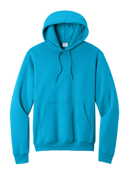 Front View of Neon Blue Port & Co Core Fleece Pullover Hooded Sweatshirt. PC78H plain